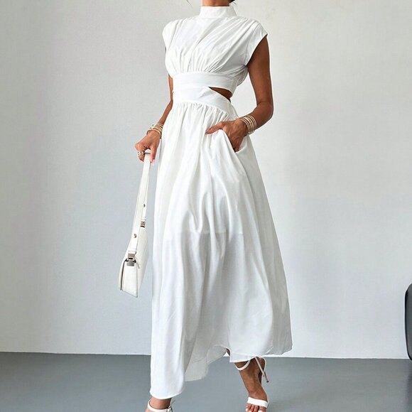 White Elegant Women's Hollow Pocket Cinched Waist Casual Midi Dress - Picture 7 of 7